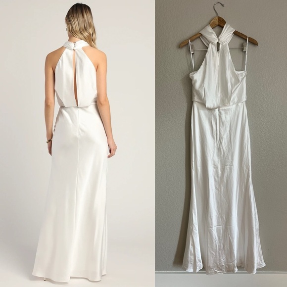 At the Halter White Satin Halter Neck Twist-Front Maxi Dress - Picture 3 of 8